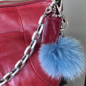 Michael Kors Round Feather Pom Pom Key Chain Bag Charm, Pale Blue / Silver